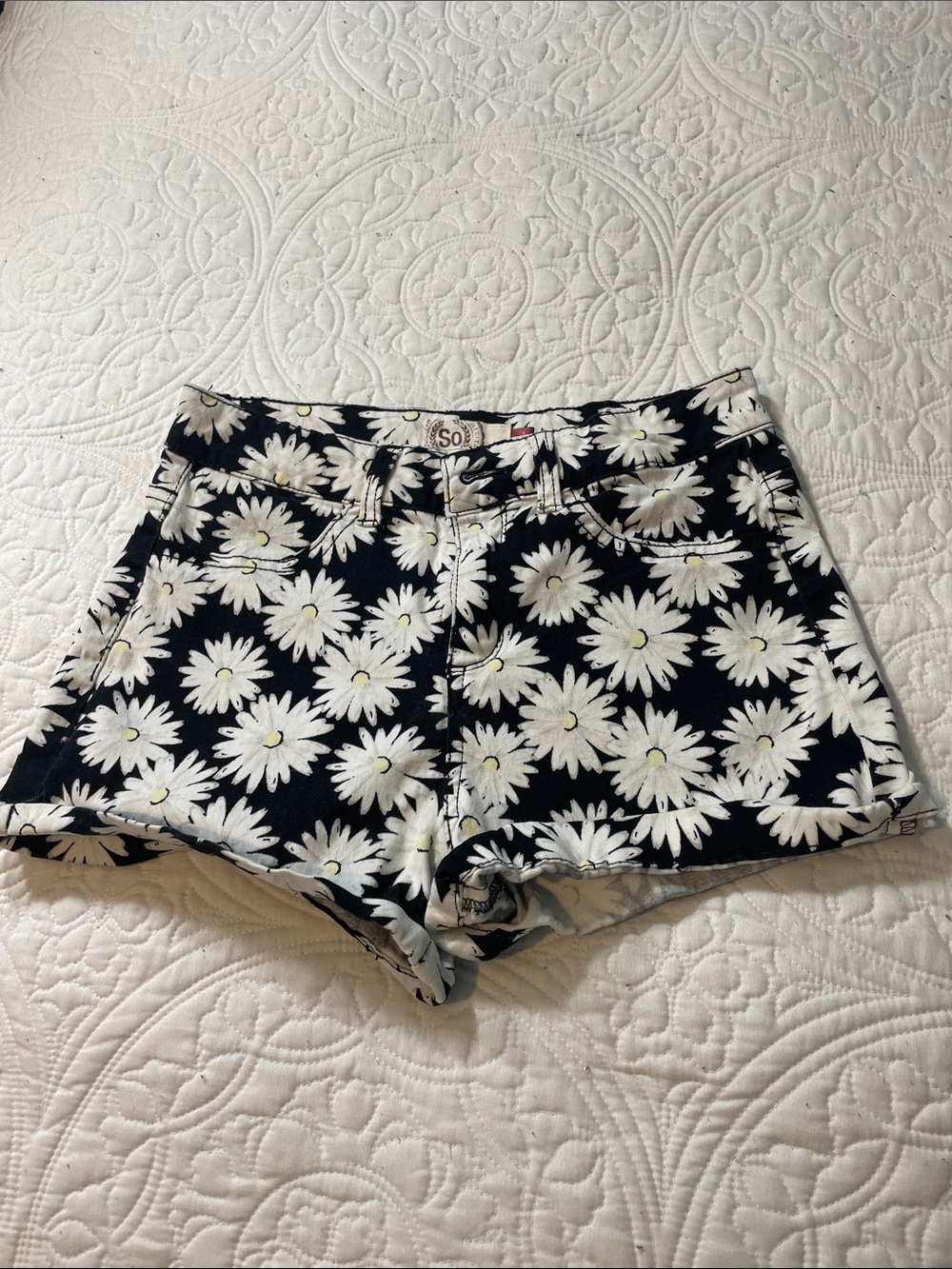 SO Black Jean Shorts with White Daisy Print